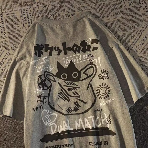 Sommer Japanische Retro Tasche Katze Cartoon Gedruckt Kurzarm T-shirt Männlich Weiblich Paare Unisex College Stil Übergroßen Top_viptrois.com