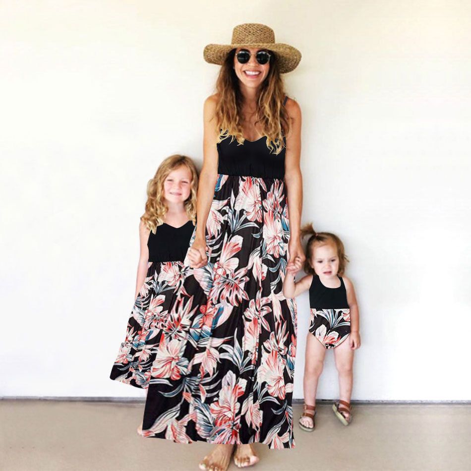 Mother-Daughter Denim Jumper Set - European Print & Patchwork Suspenders Dress_viptrois.com