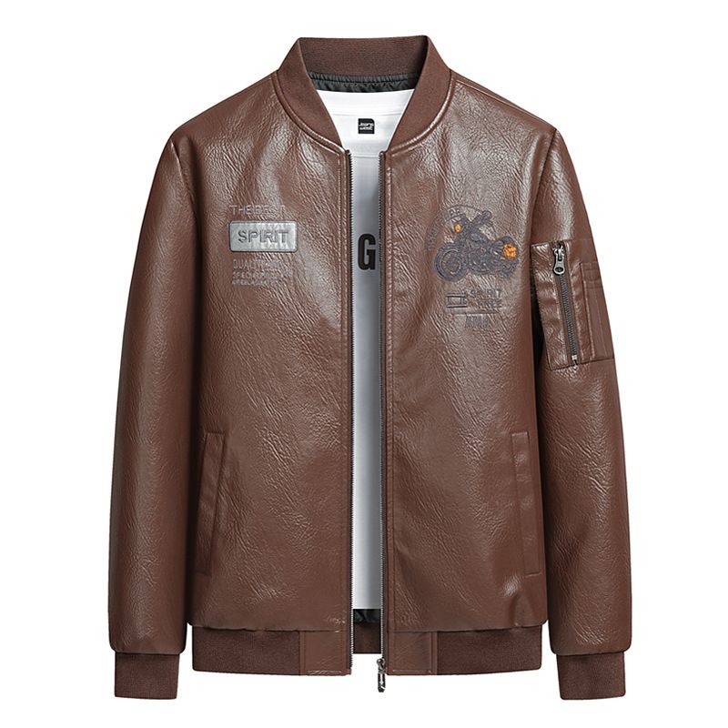 Men's Clothing Collar Casual Men's Leather Jacket For Young And Middle Aged Spring Warm Large Size PU Leather Jacket Embroidered Motorcycle Clothing_viptrois.com