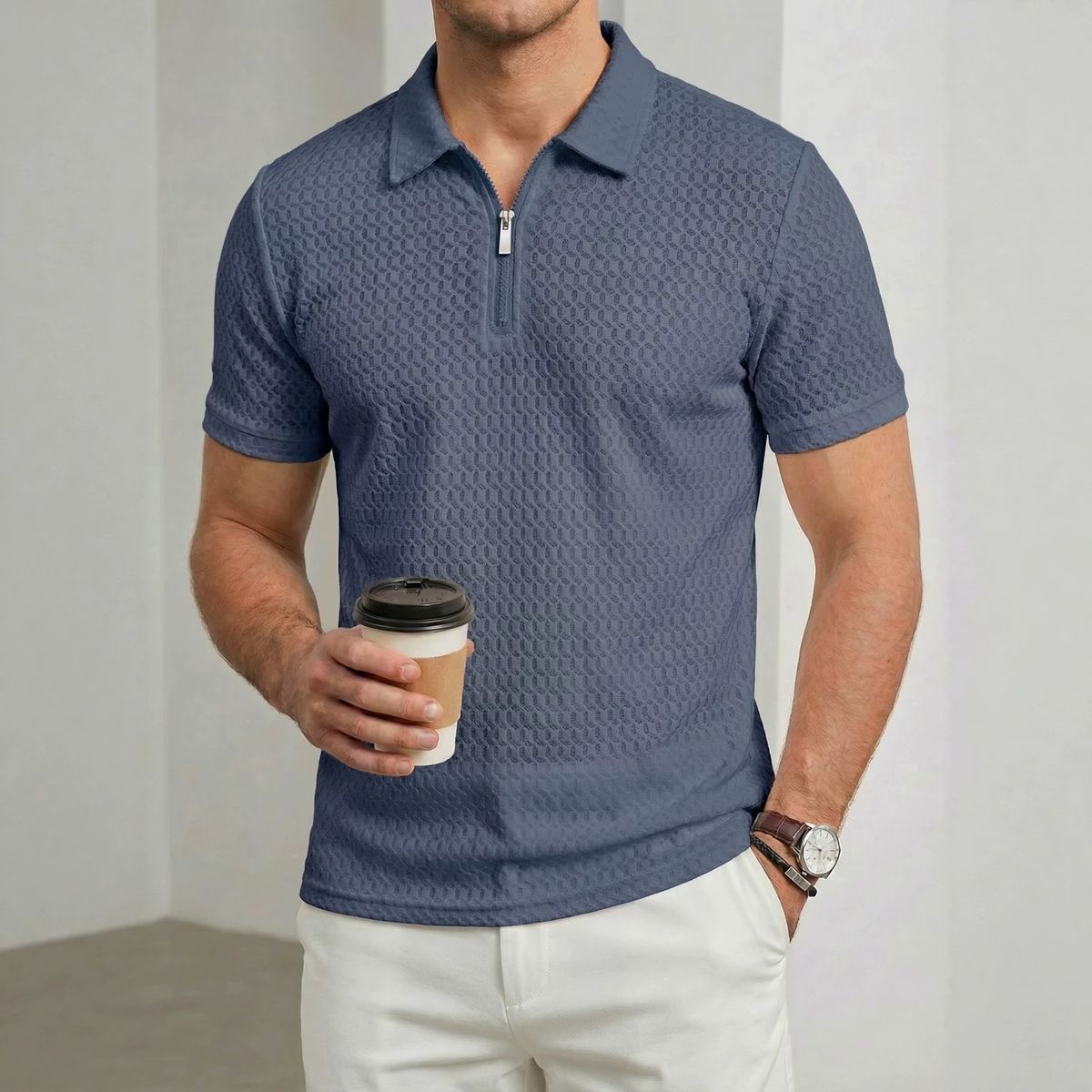 Premium Nylon Stretch Polo Shirt For Men – Breathable Golf & Casual Wear With Checkered Jacquard, Moisture-Wicking Short Sleeve_viptrois.com