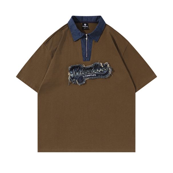 Two-tone Denim Lapel Short-sleeve Polo Shirt For Men, Ins European And American Trendy Patch Embroidered Letter Pullover_viptrois.com