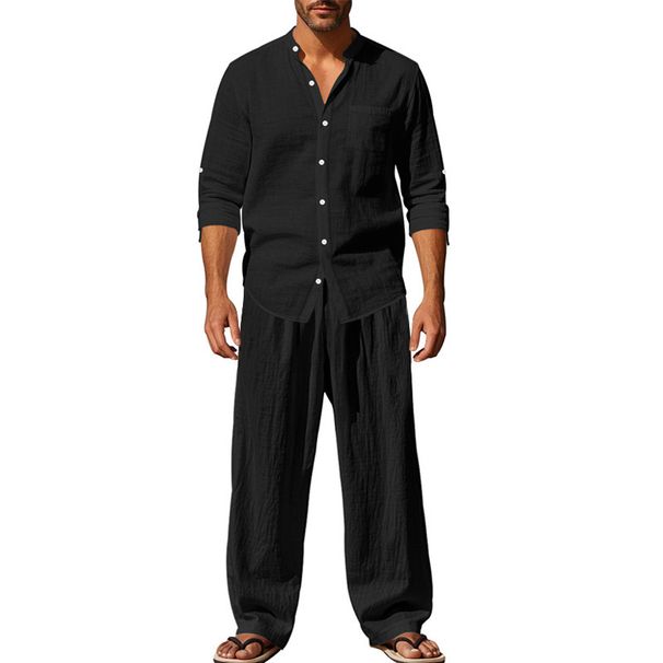 Men's Clothing Four Seasons Linen Men's Casual Loose Breathable Long Sleeved Trousers Shirt Beach Suit_viptrois.com