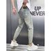 American High Street Washed Denim Jeans For Men, Slim Fit, Trendy Brand, Letter Print, Colorful Paint, Distressed, Slim Fit Straight Leg Trousers._viptrois.com