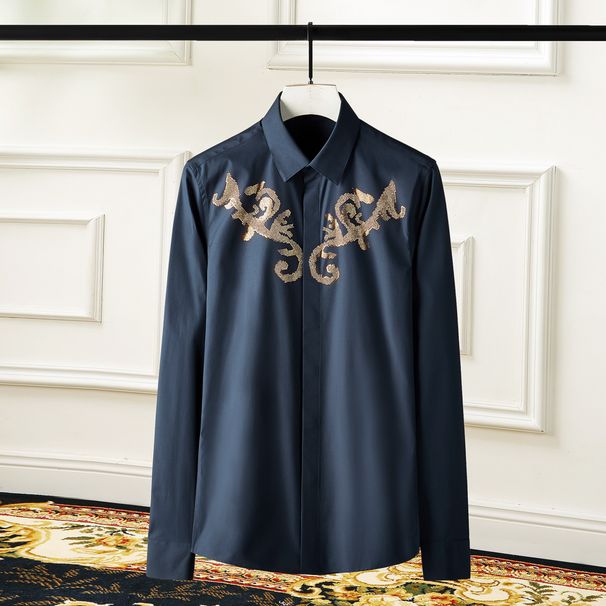 Men's Clothing Royal Pattern Shirt With Rhinestones Celebrity Style Fashion Casual Clothing Premium Embroidered Shirt Long Sleeve For Formal & Casual_viptrois.com