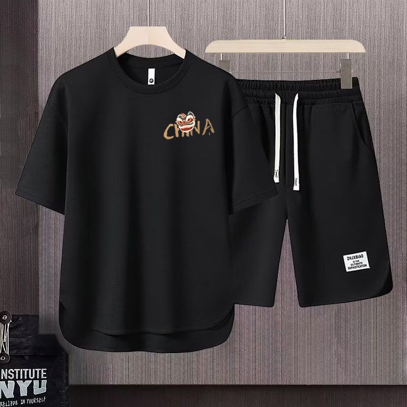 Men's Clothing 2024 Waffle Casual Summer Suit Men's Loose Teen Short sleeved T shirt Shorts Handsome Two piece Suit_viptrois.com