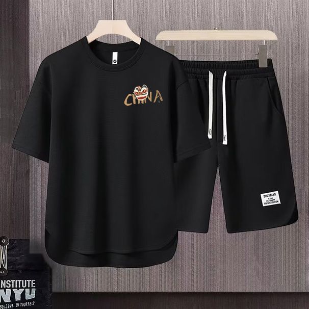 Men's Clothing 2024 Waffle Casual Summer Suit Men's Loose Teen Short sleeved T shirt Shorts Handsome Two piece Suit_viptrois.com