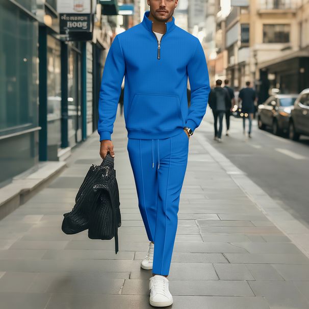 Men's Waffle Knit Half-zip Pullover & Pants Set - Casual Long Sleeve Lounge Outfit For Autumn (Black, Gray, Khaki, White, Blue)_viptrois.com