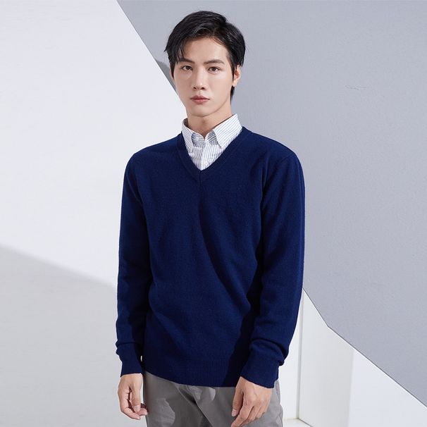Pure Men's Autumn Winte V-Neck Sweate 100% Pue Thickened Sweetheat Neck Middle-Aged Pullove Austalian Wool Base_viptrois.com