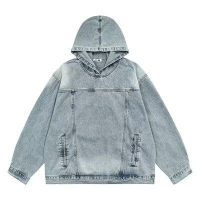 Old Washed Hooded Denim Sweatshirt With Retro Street Style, Loose Fitting Couple Jacket, Men's Jacket_viptrois.com