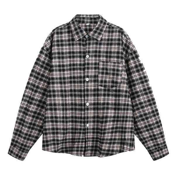 Monochrome Man- American Retro Color-Block Long Sleeve Shirt For Men, Autumn Basic Plaid Turn-Down Collar Pocket Shirt, Couple's Trendy_viptrois.com