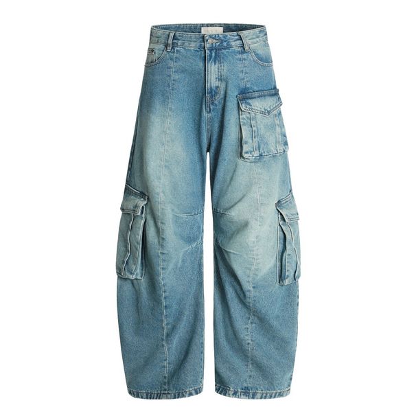 American High Street Vintage Washed Multi-Pocket Cargo Jeans Vibe Trendy Brand Men's Loose Curved Wide-Leg Pants_viptrois.com