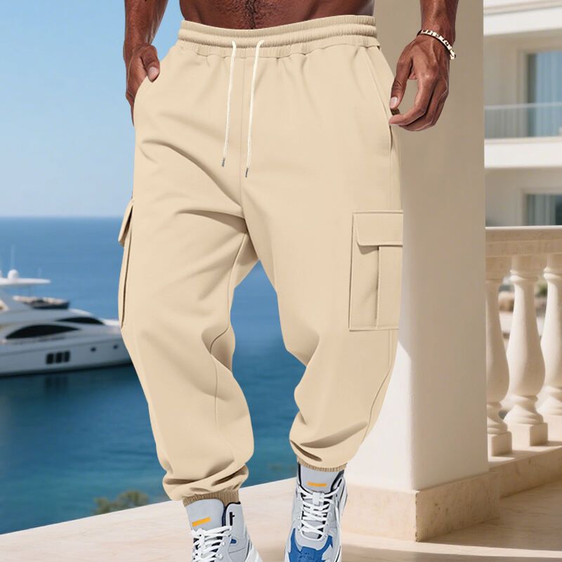 Men's Fleece Overalls American Style Autumn Winter Multi Pocket Drawstring Sports Casual Trousers Solid Color_viptrois.com