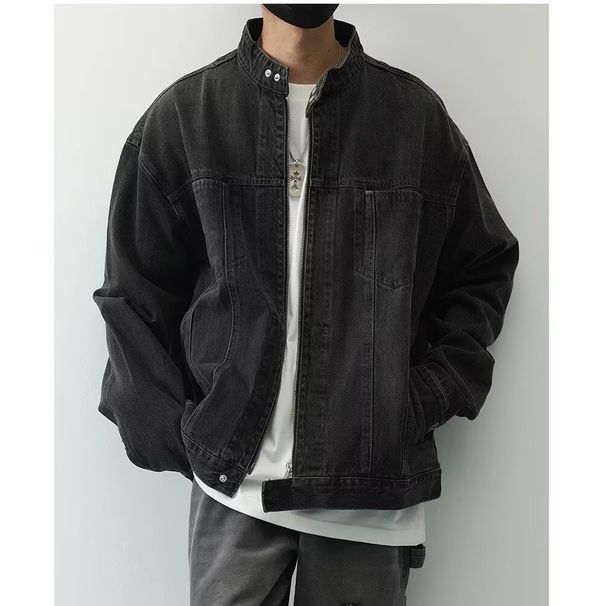 American Retro Workwear Stand Collar Washed Blue Denim Jacket Spring And Autumn Men's New Loose Top Casual Coat Trend_viptrois.com