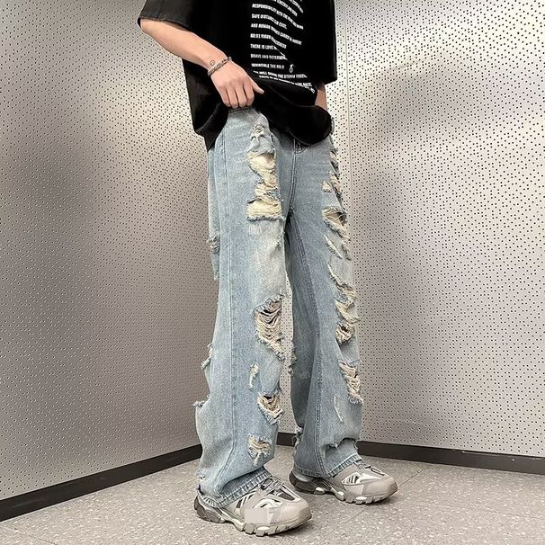 Men's Clothing Ripped Jeans Fashion Trendy Loose Straight Beggar Pants Retro Street Style Cool Pants_viptrois.com