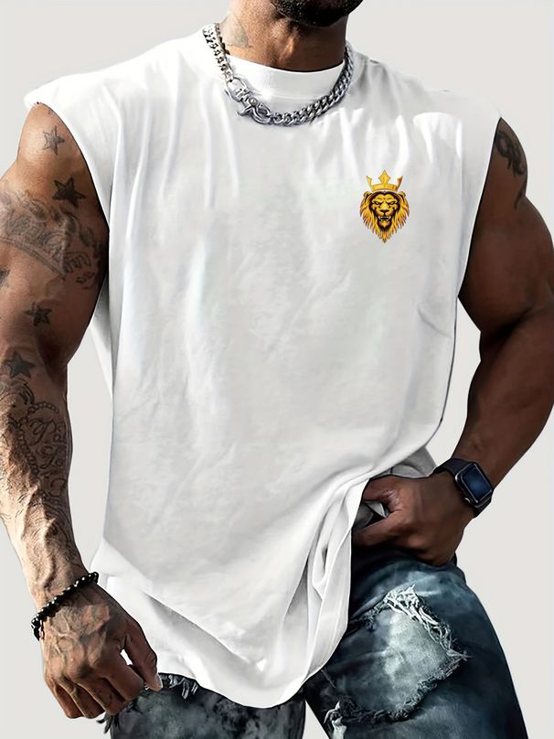 100% Pure Cotton Men's Summer Casual Sports Fitness Loose Lion Pattern Printed Breathable Round Neck Sleeveless Vest_viptrois.com