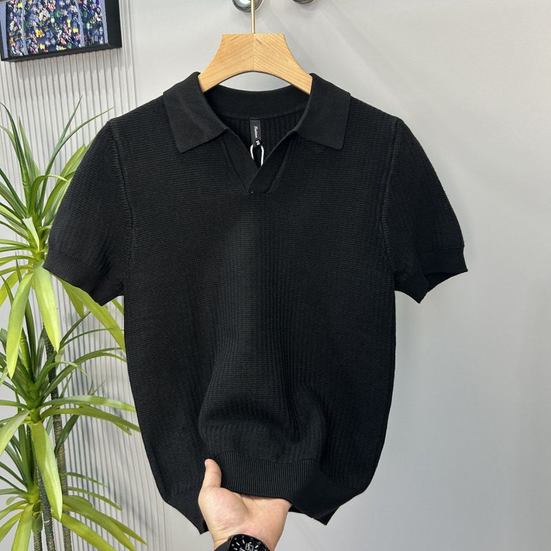 Men's Slim Fit Polo Shirt High End Knitted Trendy Short Sleeved Stretch Collar Business Commuting Ice Silk T-Shirt_viptrois.com