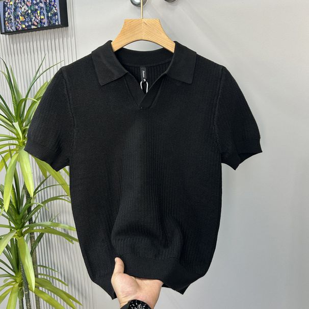 Men's Slim Fit Polo Shirt High End Knitted Trendy Short Sleeved Stretch Collar Business Commuting Ice Silk T-Shirt_viptrois.com