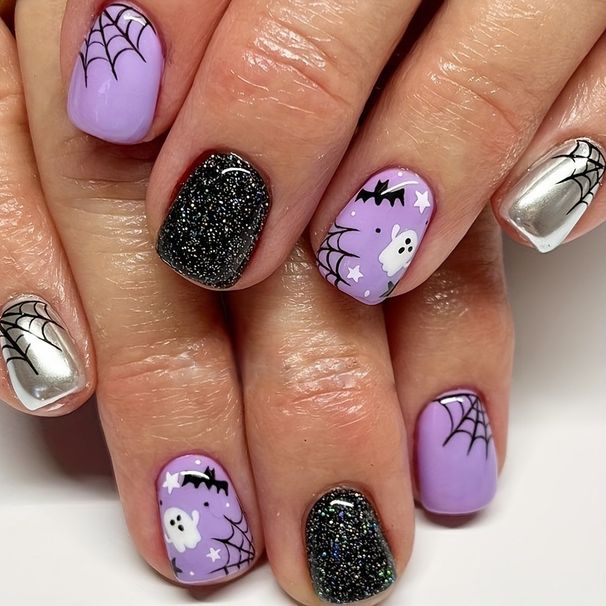 False Nails Halloween Short Square Nails Lavender Bat Ghost Spider Web Halloween Element False Nails Finished Wearable Nails Holiday Nail Art_viptrois.com