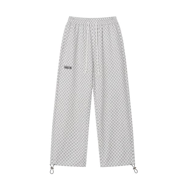 Men's Clothing Summer retro checkerboard jacquard loose wide leg drawstring straight mid waist trousers_viptrois.com