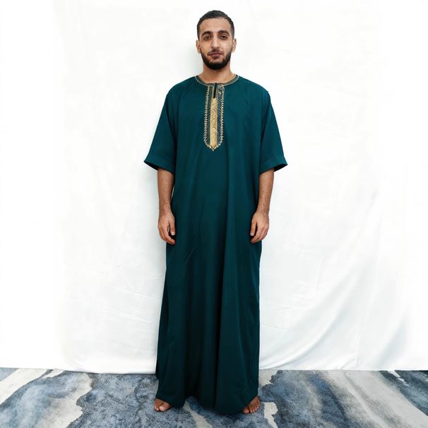 Men's Moroccan Style Embroidered Thobe – Modest Islamic Long Robe With Side Pockets (S-Xxl) – Polyester-Rayon-Spandex Blend_viptrois.com