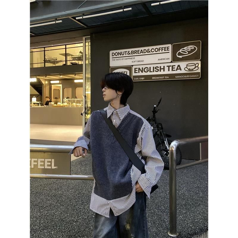 Pure Two-Piece Sweater Patchwork Turn-Down Collar Striped Men's Autumn American Retro Loose Casual Long Sleeve Shirt_viptrois.com