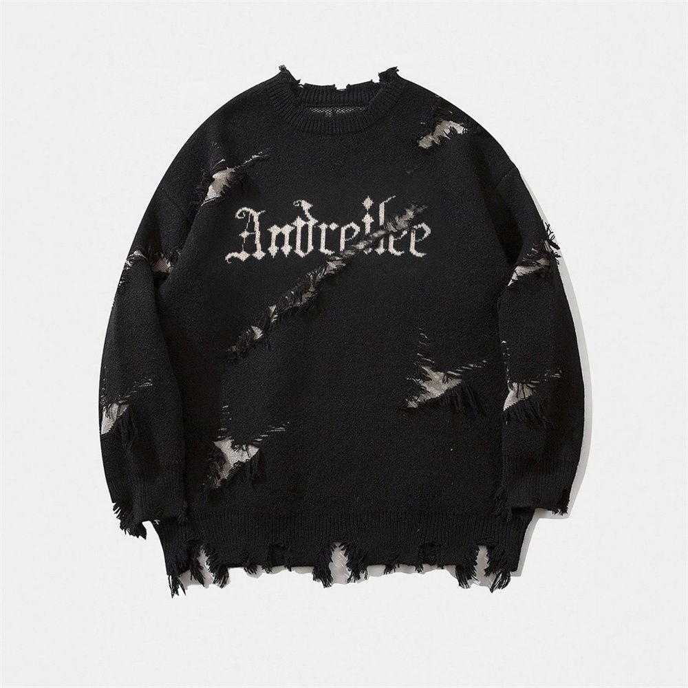 2026 Fashion Hip-Hop Knitwear Pullovers Youth/Men Polyester Round Collar Alphabetic Jacquard Broken Hole Do Old Frayed Edges Long Sleeve Sweater_viptrois.com