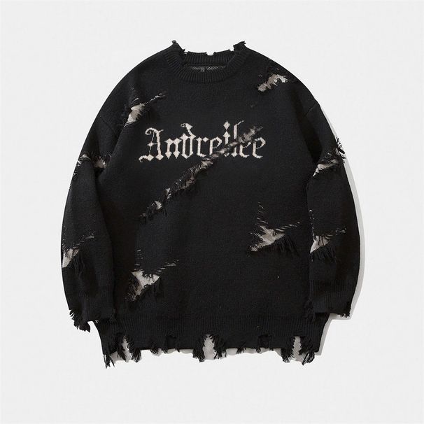 2026 Fashion Hip-Hop Knitwear Pullovers Youth/Men Polyester Round Collar Alphabetic Jacquard Broken Hole Do Old Frayed Edges Long Sleeve Sweater_viptrois.com