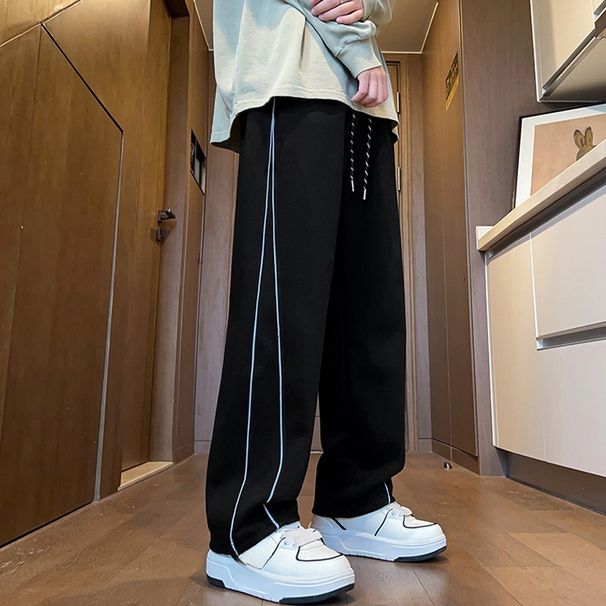Men's Relaxed Fit Stripe Pants – Straight-Leg Drop Cuff Design For Casual & Street Style (White Grey/Grey/Black) – Polyester Wrinkle-Free Comfort_viptrois.com