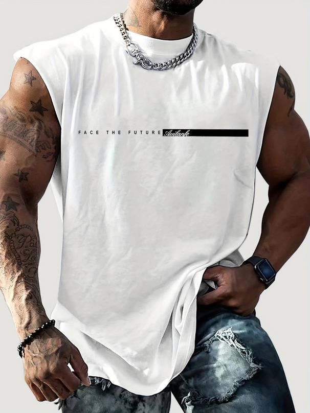 100% Pure Cotton Men's Summer Casual Sports Fitness Loose FACE THE FUTURE Letter Pattern Printed Breathable Round Neck Sleeveless Vest_viptrois.com