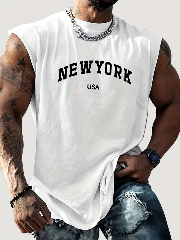 100% Pure Cotton Men's Summer Casual Sports Fitness Loose New York Letter Pattern Printed Breathable Round Neck Sleeveless Vest_viptrois.com