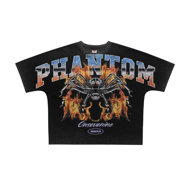 American-style Mechanical Spider All-over Print Washed Vintage Loose Fit One-piece Cut Short-sleeve T-shirt_viptrois.com