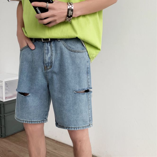 Men's Clothing Retro Ripped Denim Shorts Trendy Teenagers Loose Straight Casual Wide Leg Pants_viptrois.com