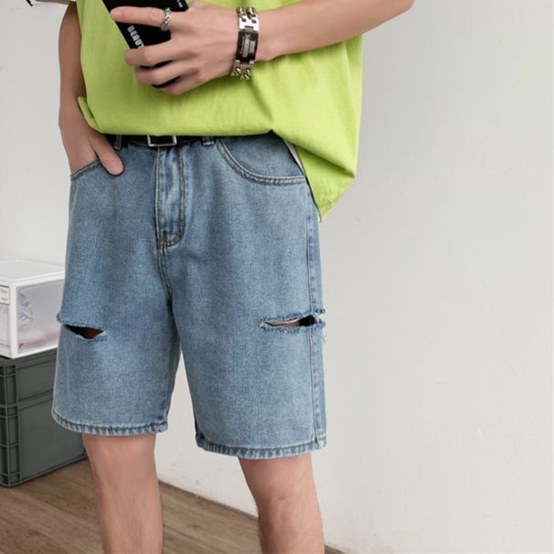 Men's Clothing Retro Ripped Denim Shorts Trendy Teenagers Loose Straight Casual Wide Leg Pants_viptrois.com