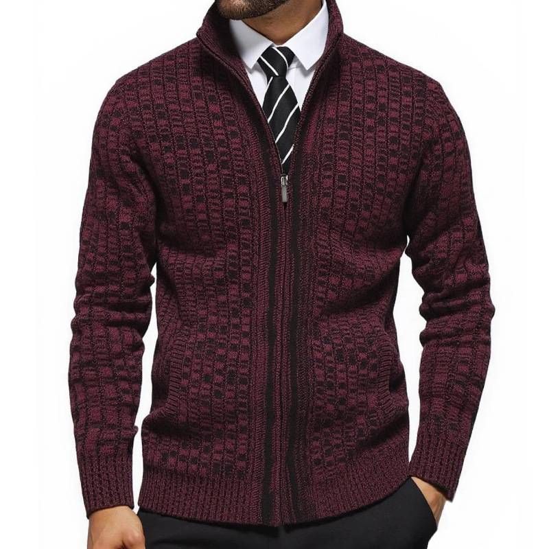 Men's Slim-Fit Knit Cardigan – British-Inspired Stand Collar, Long Sleeve, Acrylic-Blend Sweater (M-XXL, Bluish/Burgundy/Dark Gray)_viptrois.com