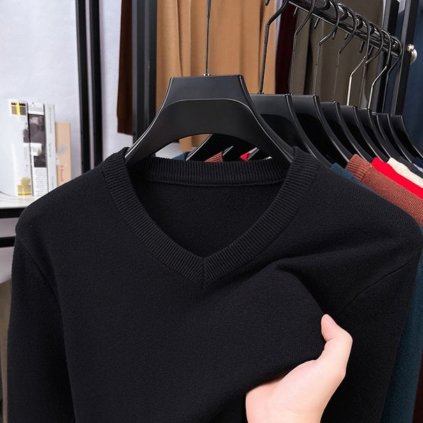 Men's V-Neck Knit Sweater - Solid Color Pullover For Autumn & Winter (Trendy Slim Fit, Versatile Layering Essential)_viptrois.com
