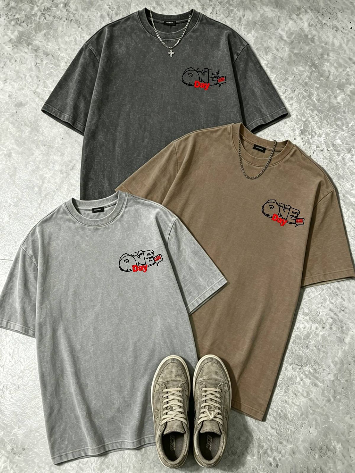 100% Cotton Washed Vintage Men's 3-Pack T-shirts One Day Graffiti Style Text Print Crew Neck Short Sleeve Casual Tops In Gray Brown Light Gray_viptrois.com