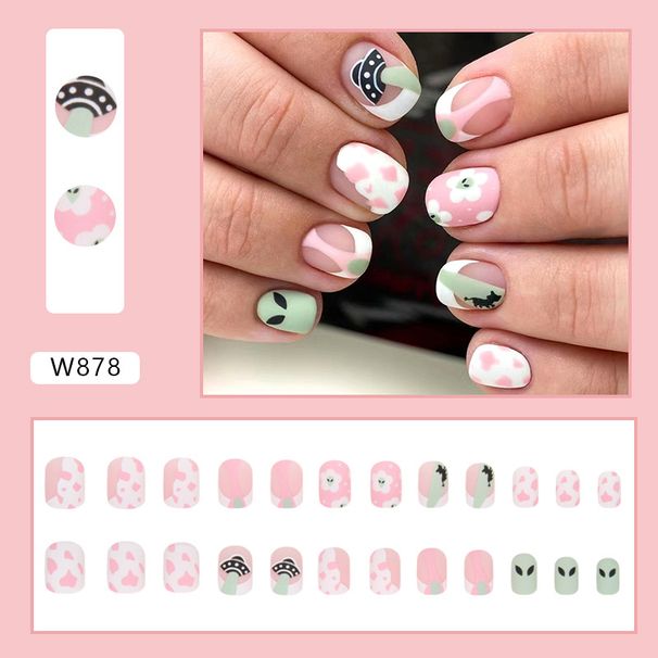 Girl's Pink White Short Frosted Milk Pattern Fragment Sweet Cool Alien Nail Art Niche Commuter Alien Nails_viptrois.com