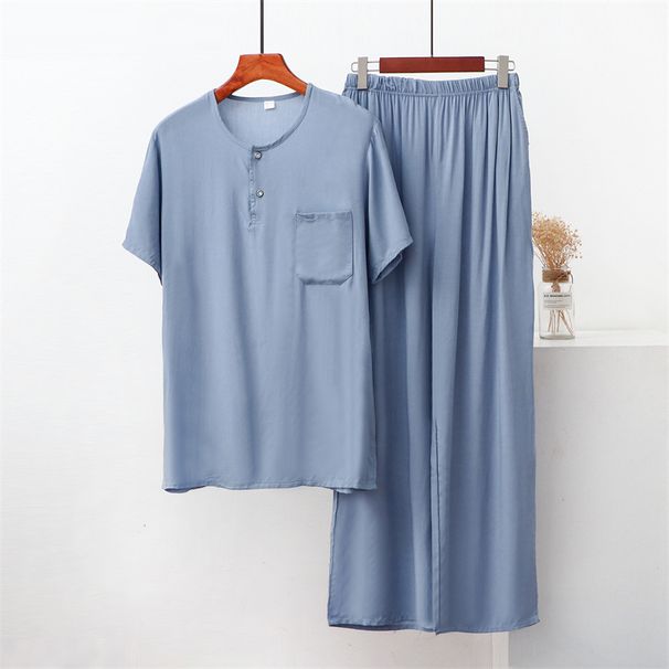Men's Clothing Cotton Silk Pajamas Thin Short Sleeved Suit Artificial Home Clothes Trousers Two Piece Suit_viptrois.com