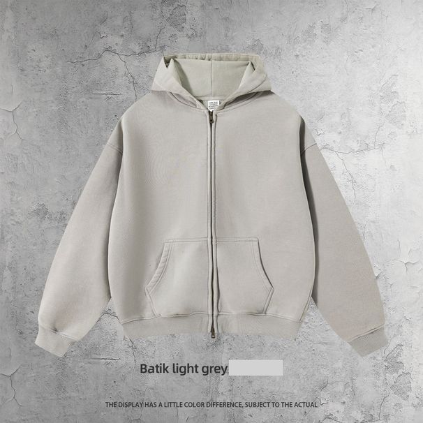 Men's Oversized Vintage Wax-Dye Hoodie With Zip-Up & Fleece Lining – Streetwear Pullover For Casual Wear_viptrois.com