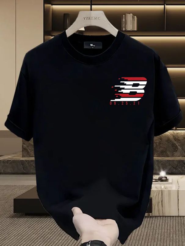 Summer New Short-sleeved T-shirt, Men's Speedy Striped B Letter Date Number Creative Printing Half-sleeved Youth Trend Versatile Casual Loose Base_viptrois.com