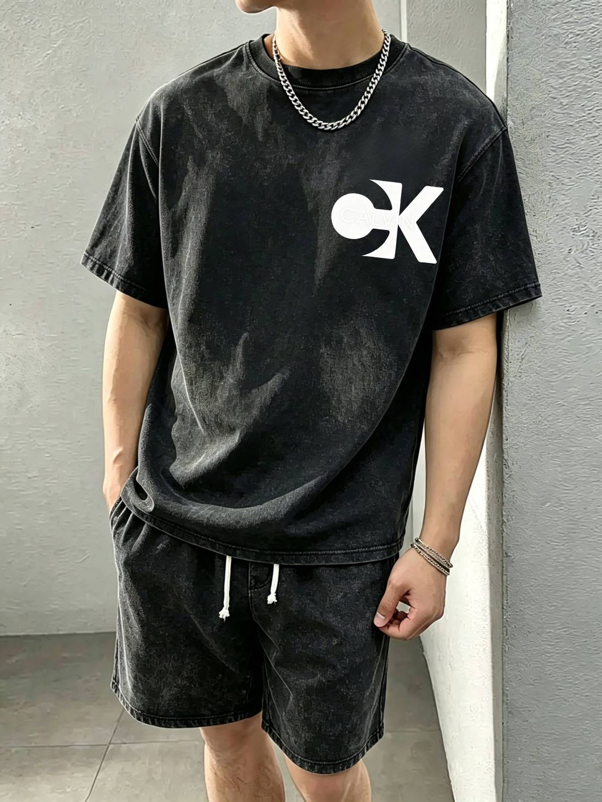 230g Vintage Washed Men Crew Neck OK Monogram With Calv Letter Print Short Sleeve Casual Summer Top_viptrois.com