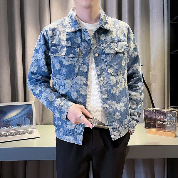 Handsome Young Man's Spring New Denim Personalized Jacquard Printed Pattern Washed Fashionable Men's Jacket_viptrois.com