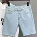Light Blue Frayed Denim Jeans Loose Fit Stylish Versatile Five Point Shorts Washed New Summer Trendy Men's Clothing_viptrois.com