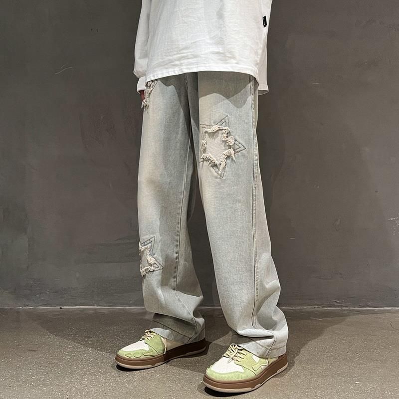 boy Old School Distressed Jeans For Men Summer Ins High Street Trendy Loose Straight European American Hip Hop Pants_viptrois.com