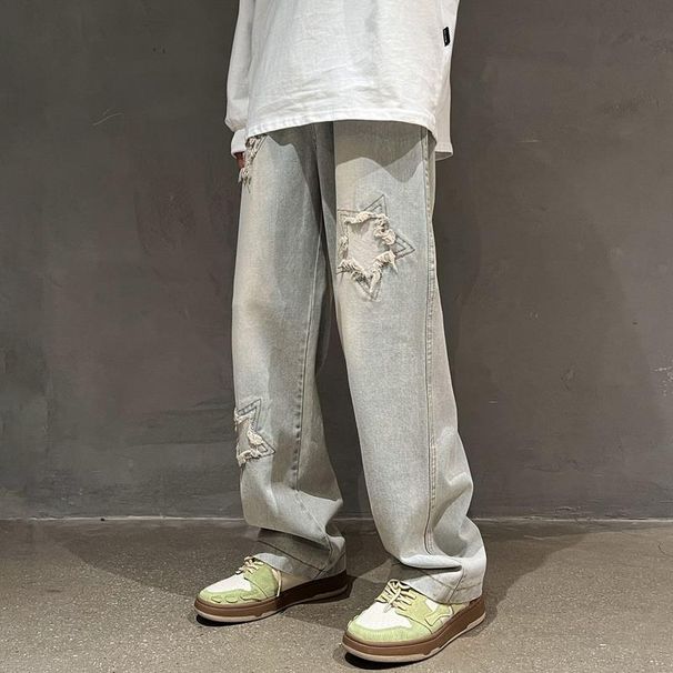 boy Old School Distressed Jeans For Men Summer Ins High Street Trendy Loose Straight European American Hip Hop Pants_viptrois.com