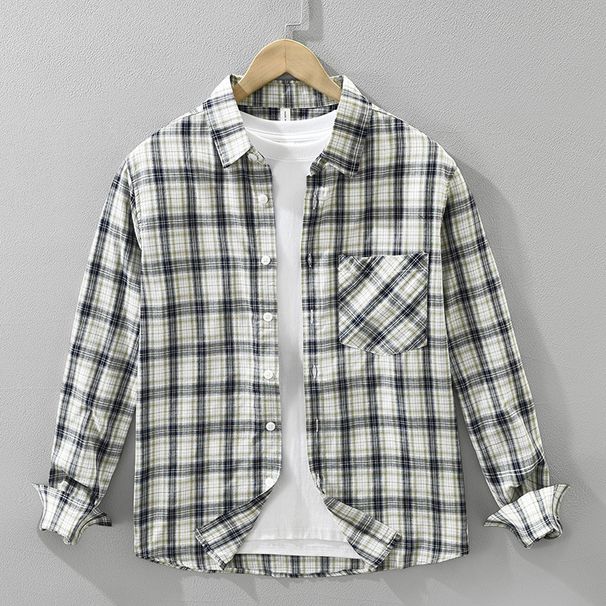 Fresh Plaid Long Sleeved Shirt For Men, Fashionable And Versatile, Artistic And Casual Loose Top_viptrois.com