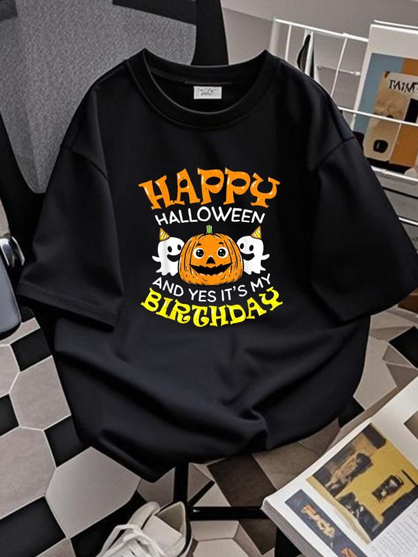 Happy Halloween It's My Birthday Born On Girl Boy Party T-Shirt Stylish Top For Everyday Wear Soft Comfortable Designer Clothes Fashion Women Top Graphic Tees Unisex Slightly Women Breathable T-Shirt For Women Casual Stretched Graphic Summer Versatile_viptrois.com