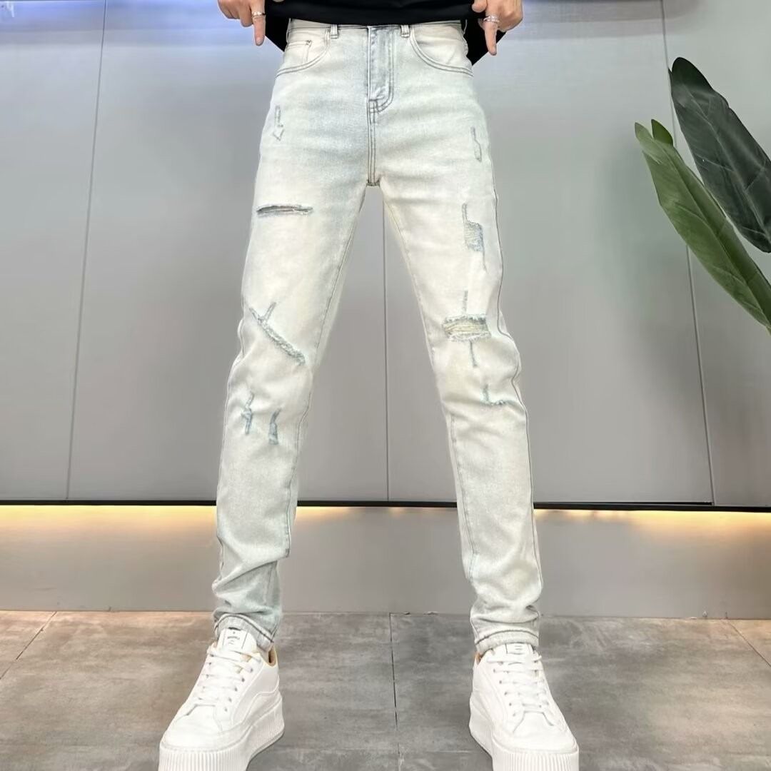 Ripped, Stylish, Light Colored Men's Jeans For Spring And Summer, Trendy And Versatile, Stretchy, Slim Fit, Youthful And Fashionable Brand Long Pants._viptrois.com