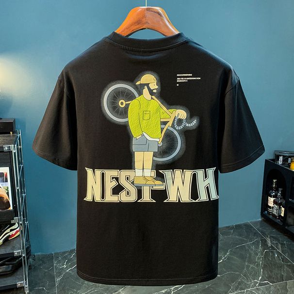 Summer Pure Cotton T-shirt Loose Print New Cartoon Round Neck Short Sleeved Top Half Sleeve Trendy Brand Versatile Men's_viptrois.com