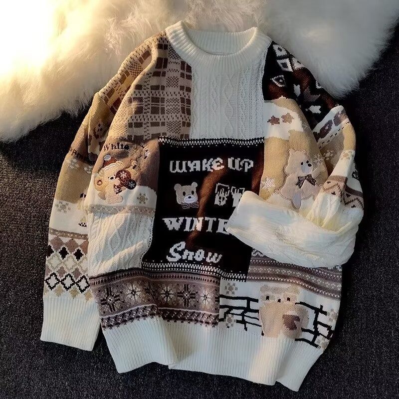 Pure Japanese Retro Braided Bear Christmas Sweater Winter Loose Ins Trend Lazy Style Oversize Jacket For Men_viptrois.com